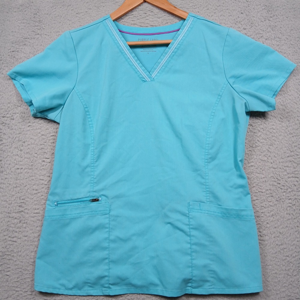 Healing Hands Purple Label Women's L Aqua Blue Scrub Top 3 Pocket‎ V-Neck